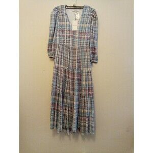 Joie Dress Womens S 0 Tobey Multi Plaid  Blue Midi Maxi V Neck Cotton 3/4 Sleeve